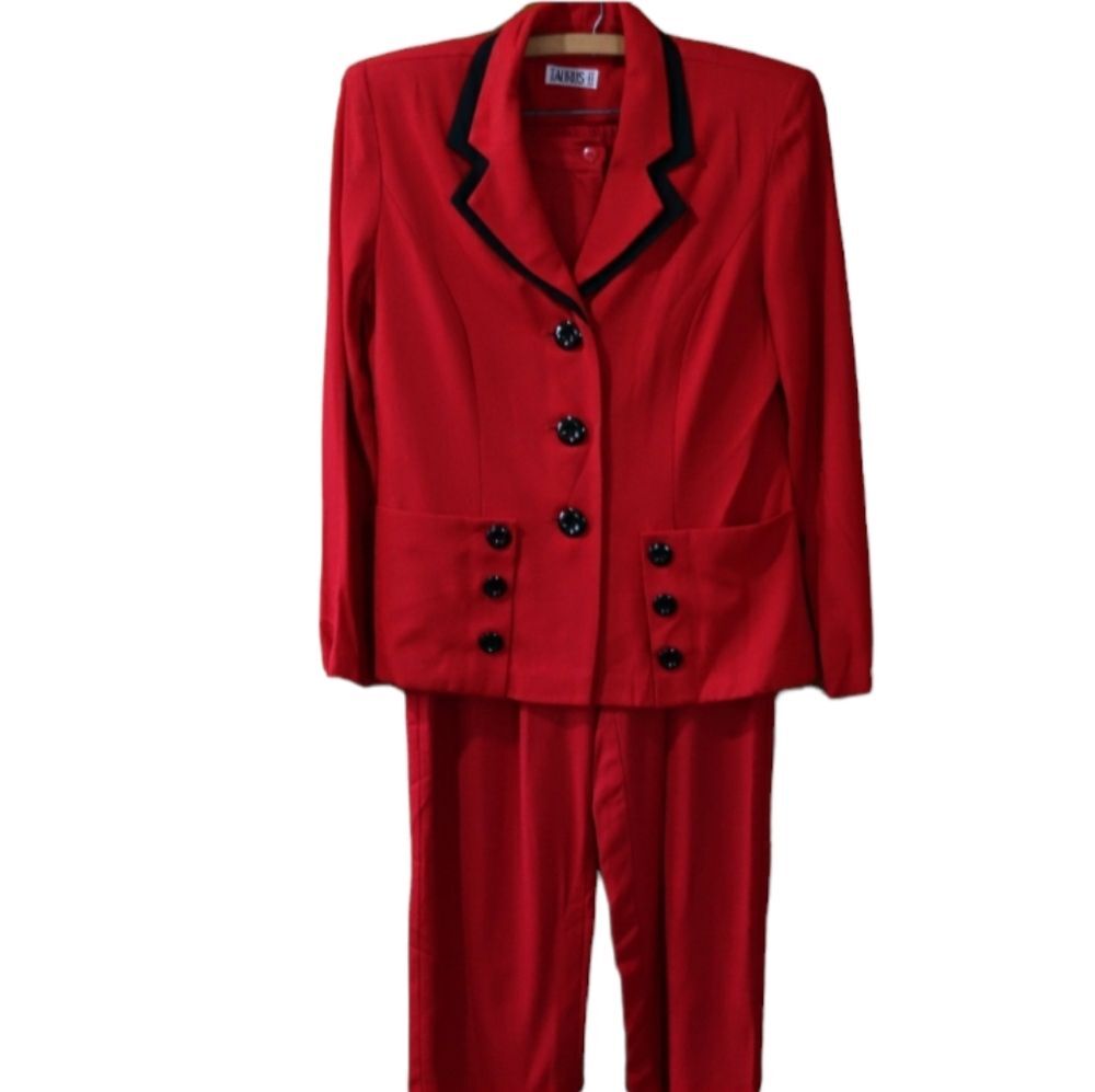 Taurus II Vintage 80s Red Black Trim Pantsuit Womens 10 Retro Power Suit Set - Picture 1 of 16